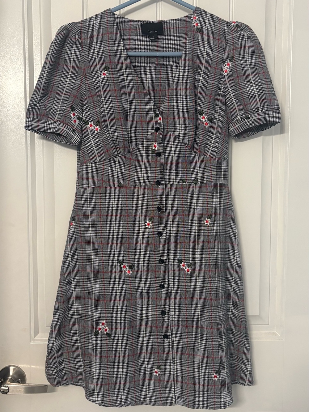 Lumiere Gray Plaid Button-Front Dress with Floral Embroidery